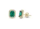 Exquisite 18K Yellow Gold Emerald Halo Stud Earrings