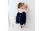 Boho Navy Blue Flower Girl Dress, White Lace Long Sleeve Tulle Dress for Toddlers, Wedding Princess