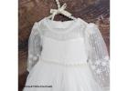White Tulle Baby Christening Gown with Bohemian Lace Sleeves, Infant Baptism Dress,BlessingDayOutfit